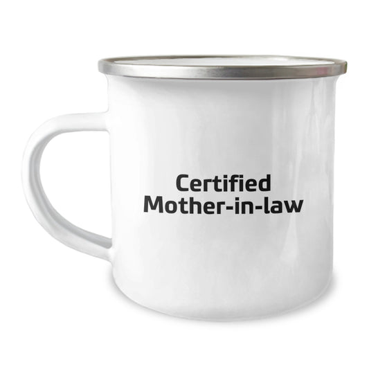 Funny Certified Mom-in-law Quote Gifts from Men to Family, Christmas Unique Gifts for Mom-in-law, Stainless Steel Camping Mug with Enamel Finish, 12 oz Capacity, Perfect for Coffee or Tea - Image 1