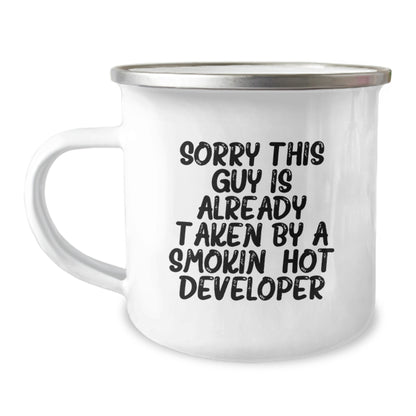 Developer Gifts - Funny Quote Camping Mug for Birthday - 'Sorry This Guy Is Already Taken By A Smokin' Hot Developer' - Gifts from Friends to Developer - Image 1
