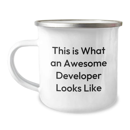Funny Developer Gifts, Valentine's Unique Gifts for Developers, This Is What An Awesome Developer Looks Like Camping Mug - Image 1