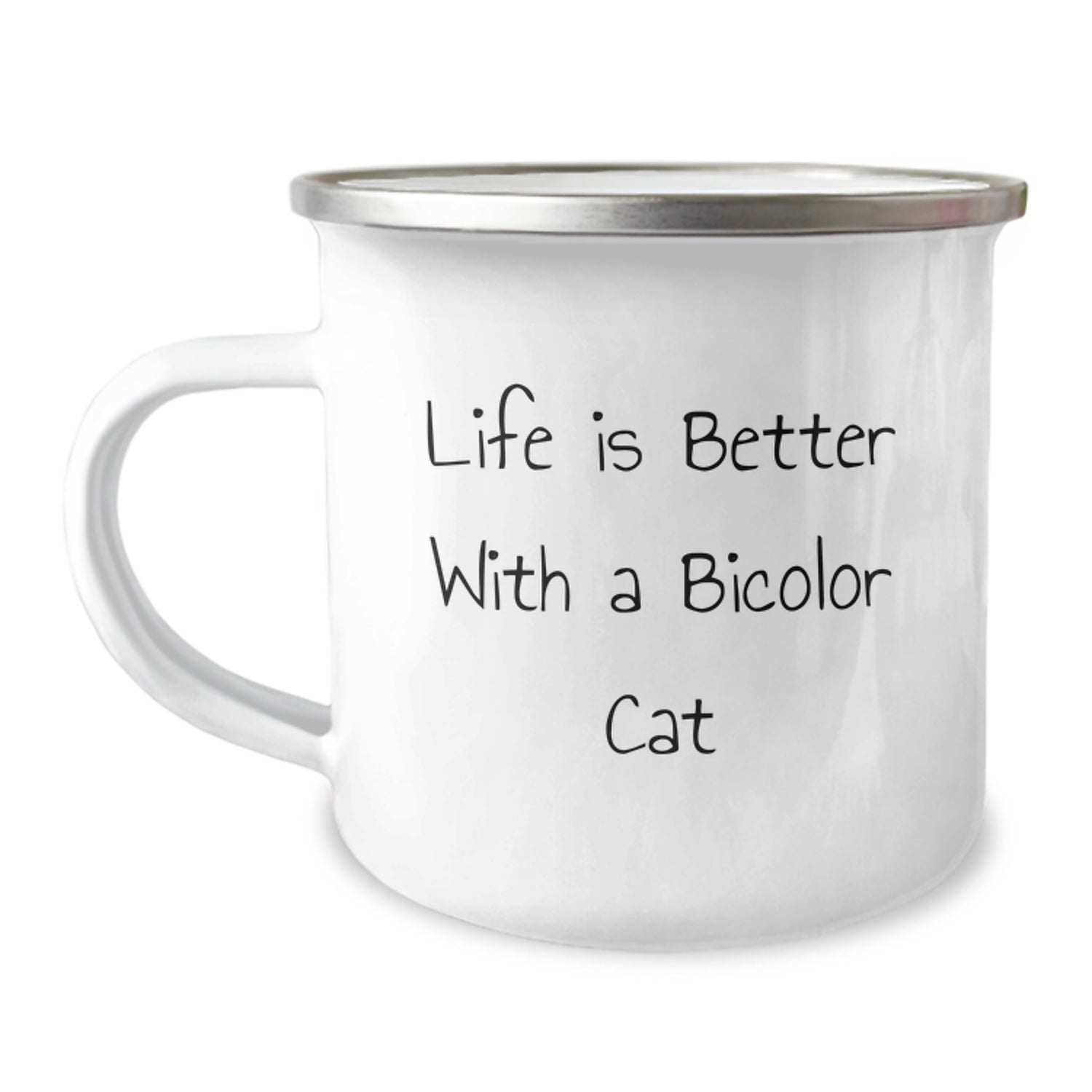 Funny Bicolor Cat Lover Gifts from Friends for Graduation, Life Is Better With A Bicolor Cat Camping Mug, Funny Quote on Stainless Steel Enamel Finish, 12 oz Capacity - Image 1