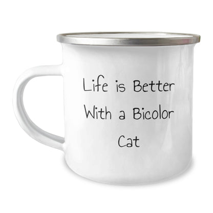 Funny Bicolor Cat Lover Gifts from Friends for Graduation, Life Is Better With A Bicolor Cat Camping Mug, Funny Quote on Stainless Steel Enamel Finish, 12 oz Capacity - Image 1