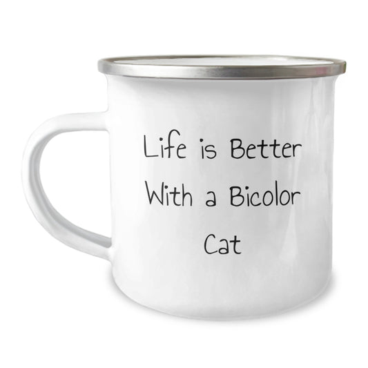 Funny Bicolor Cat Lover Gifts from Friends for Graduation, Life Is Better With A Bicolor Cat Camping Mug, Funny Quote on Stainless Steel Enamel Finish, 12 oz Capacity - Image 1