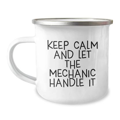Funny Mechanic Gifts for Him, 'Keep Calm And Let The Mechanic Handle It' Enamel Camping Mug for Men, Christmas Unique Gifts from Friends or Family - Image 1