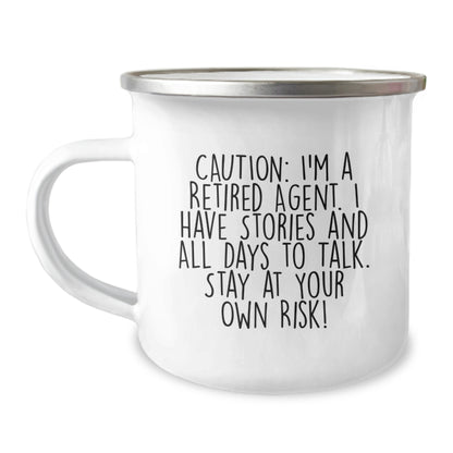 Funny Agent Camping Mug, Gifts from Men to Agent for Birthday, 'Caution: I'm A Retired Agent... Stay At Your Own Risk!' - Image 1