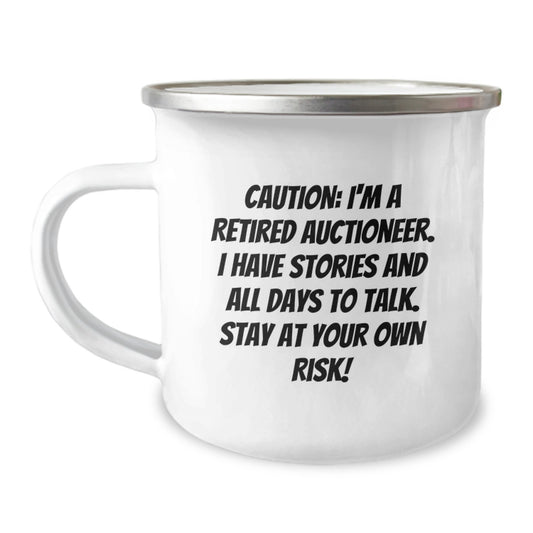 Funny Auctioneer Gifts from Men, Unique Auctioneer Christmas Unique Gifts for Friends, 12 oz Camping Mug with Retired Auctioneer Quote - Image 1