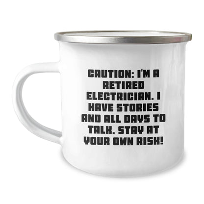 Funny Electrician Gifts from Friends for Men - Camping Mug with Caution - 12 oz Stainless Steel Mugs - Unique Christmas Memorable Presents - Image 1