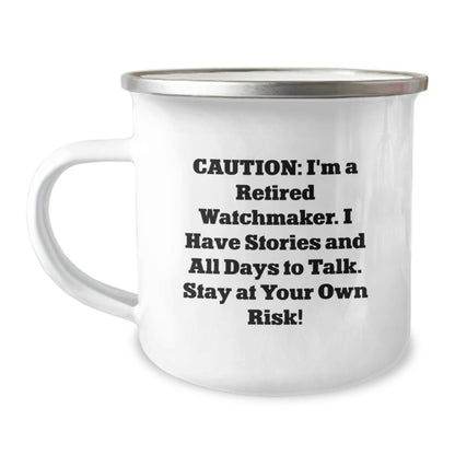 Funny Watchmaker Gifts for Men, Christmas Unique Watchmaker Mugs from Dad, Funny Camping Mugs for Watchmaker Friends, 'Caution: I'm A Retired Watchmaker...' - Image 1