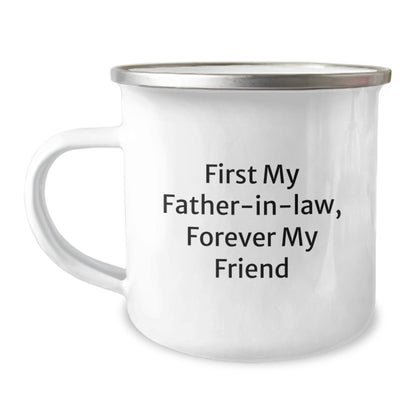 Funny Father-in-law Gifts from Men, Unique Camping Mug for Dad on Christmas Morning, 'First My Father-in-law, Forever My Friend' Enamel Mug - Image 1