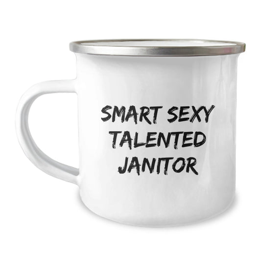 Funny Janitor Gifts from Friends for Birthday - 'Smart Sexy Talented Janitor' Quote on 12 oz Stainless Steel Camping Mug - Image 1