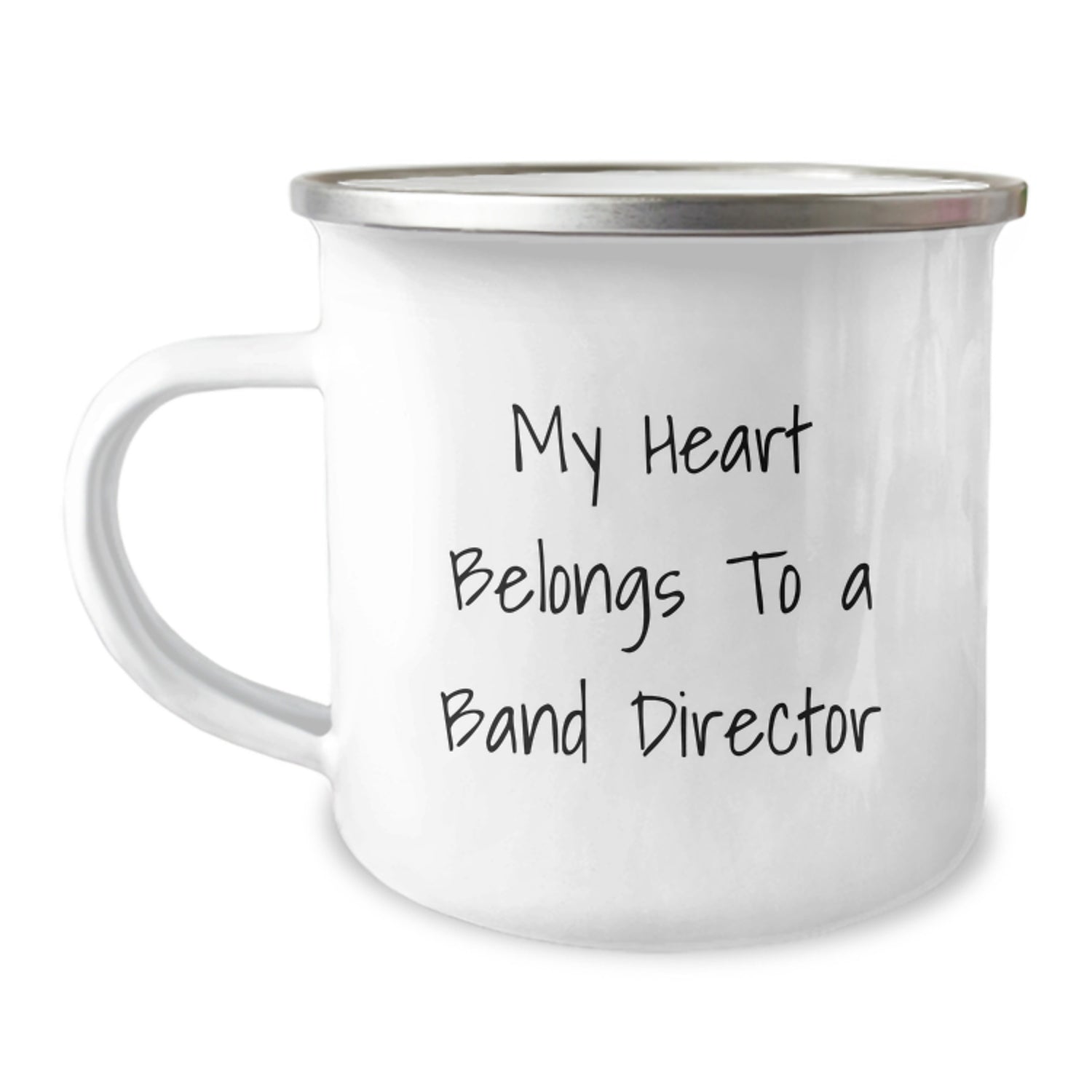 Funny Gifts from Friends and Family for Band Directors - My Heart Belongs To A Band Director Quote on Camping Mug, Birthday Unique Gifts, 12 oz Stainless Steel with Enamel Finish - Image 1