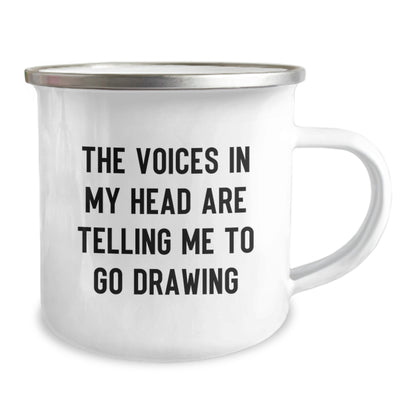 Funny Drawing Gifts for Him - 'The Voices In My Head Are Telling Me To Go Drawing' Christmas Unique Mugs from Sweetheart - 12 oz Stainless Steel with Enamel Finish - Image 2