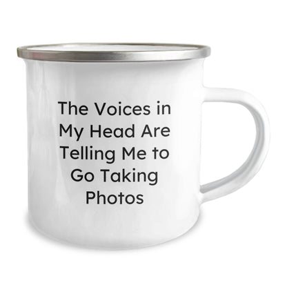 Funny Taking Photos Gifts for Men from Friends Who Love the Voices In My Head Are Telling Me To Go Taking Photos, Enamel Camping Mug for Christmas Unique Gifts - Image 2