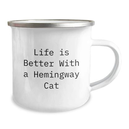 Funny Hemingway Cat Gifts for Men from Friends and Family on Birthday, Camping Mug with Quote 'Life Is Better With A Hemingway Cat' - Image 2