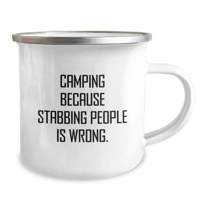 Funny Camping Gifts for Men - Camping Because Stabbing People Is Wrong. Enamel Camping Mug, Perfect for Camping Enthusiasts, Christmas Unique Gifts from Friends to Family - Image 2