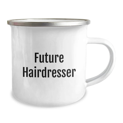 Funny Hairdresser Gifts for Men - Christmas Unique Gifts from Friends, Funny 'Future Hairdresser' Quote Camping Mug, 12 oz Stainless Steel with Enamel Finish - Image 2