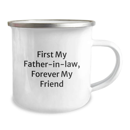 Funny Father-in-law Gifts from Men, Unique Camping Mug for Dad on Christmas Morning, 'First My Father-in-law, Forever My Friend' Enamel Mug - Image 2