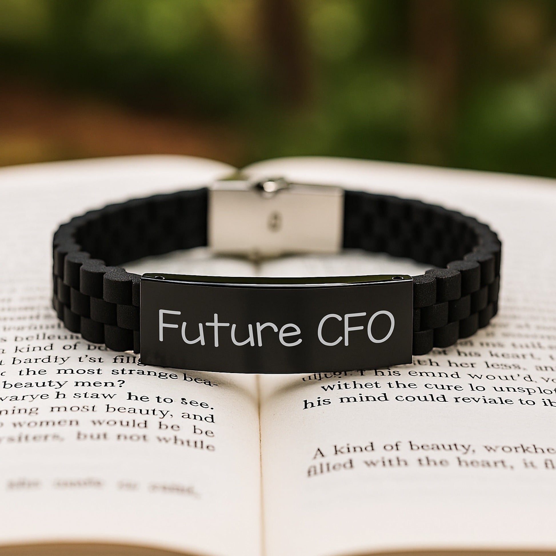 CFO Gifts from Friends, Funny Quote 'The future belongs to those who believe in the beauty of their dreams.' Glide lock Clasp Black Stainless Steel Silicone Graduation Unique Gifts for CFO - Victory Thru Vision