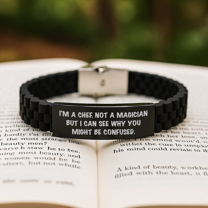 Chef Humor Glide lock Clasp Birthday Unique Gifts from Friends for Men, Funny Quote Inspired Adjustable Silicone Stainless Steel Black Braclet - Victory Thru Vision