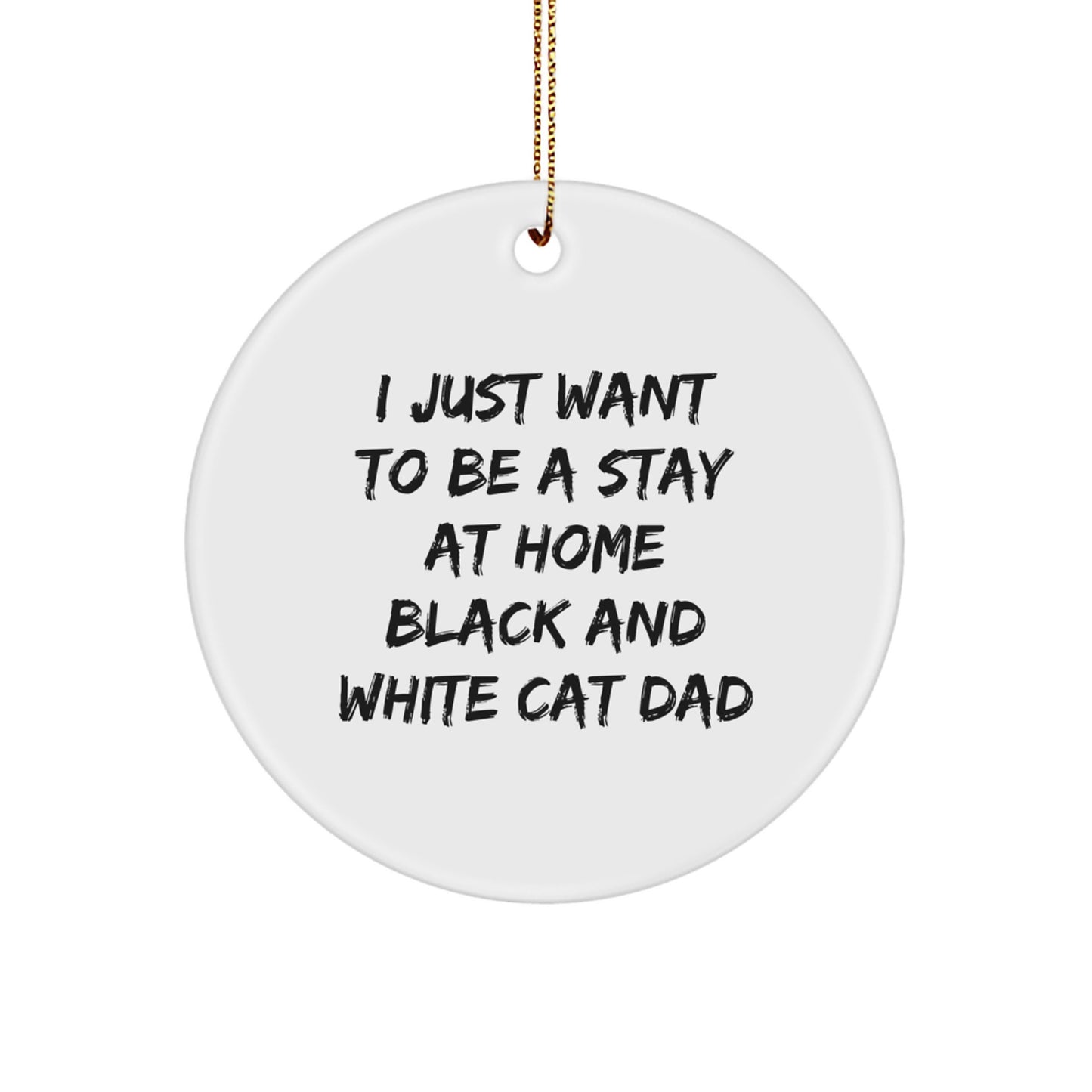 Funny Black and White Cat Dad Gifts, Christmas Circle Ornament, I Just Want To Be A Stay At Home Quote, Handmade Black and White Cat Decorations for Home Office - Image 1