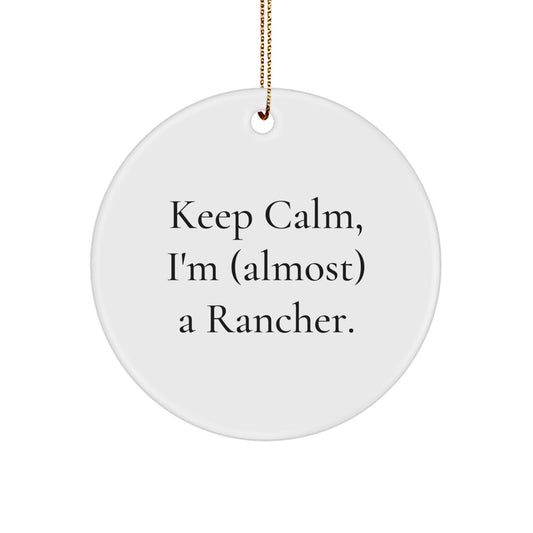 Funny Rancher Gifts for Friends, Christmas Unique Ornaments, Keep Calm I'm Almost a Rancher Circle Decoration, Gifts from Men to Family - Image 1