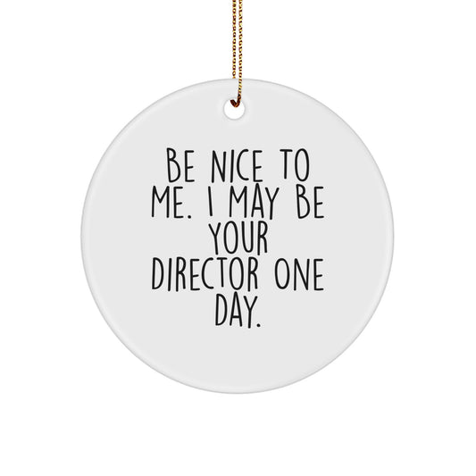 Funny Director Gifts from Friends at Christmas - 'Be Nice To Me, I May Be Your Director One Day' Circle Ornament - Image 1