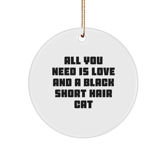 Black Short Hair Cat Lovers Gifts from Friends for Christmas Unique Ornaments, 'All You Need Is Love And A Black Short Hair Cat' Quote, Circle Ornament, White Color, 2.75 Inch - Image 1