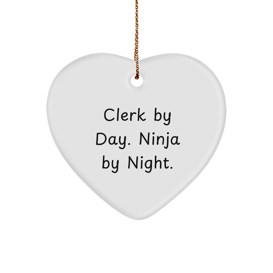 Clerk By Day, Ninja By Night, Heart Ornament, Funny, Gifts from Men to Clerk, Gifts for Clerk - Victory Thru Vision