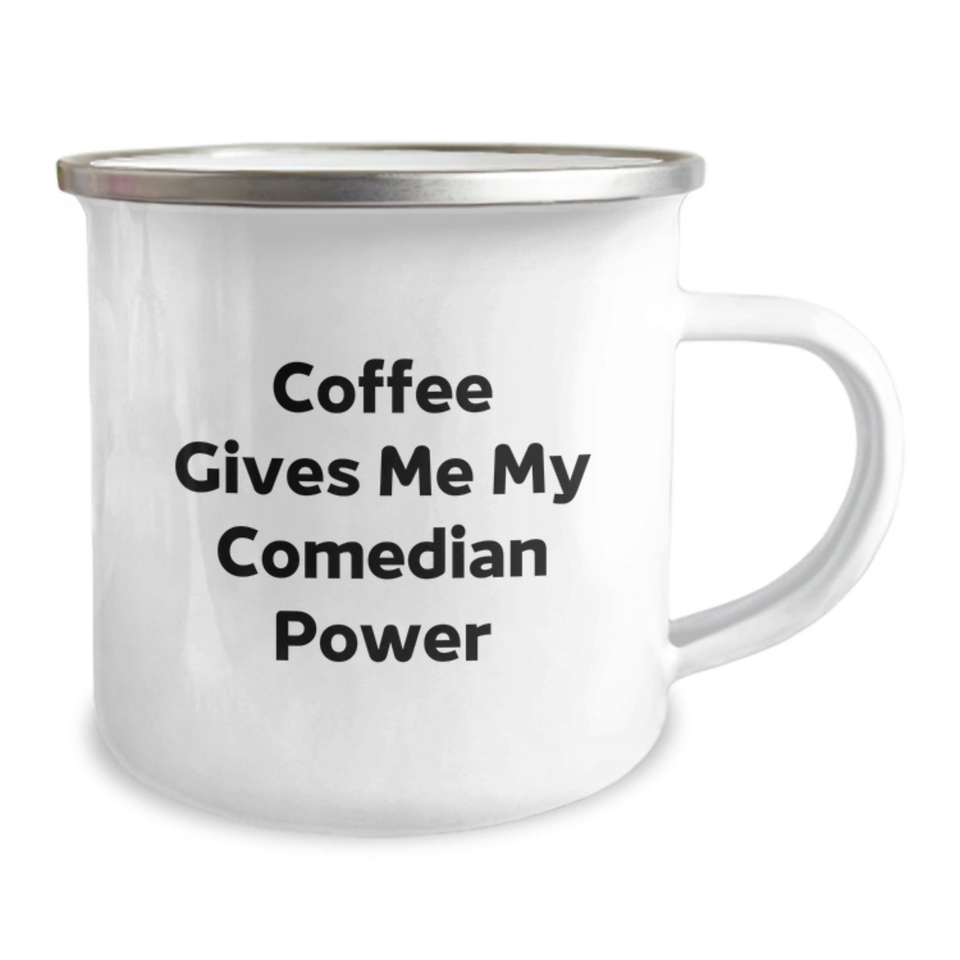 Comedian Gifts from Friends, Funny Camping Mug for Graduation, 'Coffee Gives Me My Comedian Power' Quote, 12 oz Stainless Steel with Enamel Finish - Victory Thru Vision