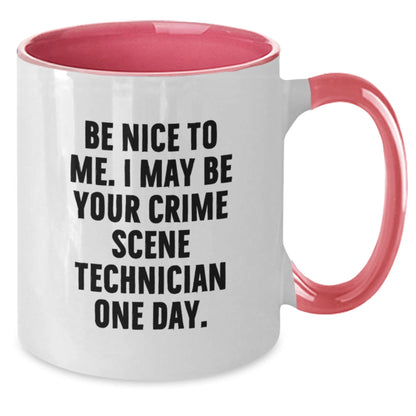 Crime Scene Technician Humor Gifts for Men, Be Nice to Me Two Tone Coffee Mug, Funny Graduation Unique Gifts from Friends, Family, or Coworkers - Victory Thru Vision