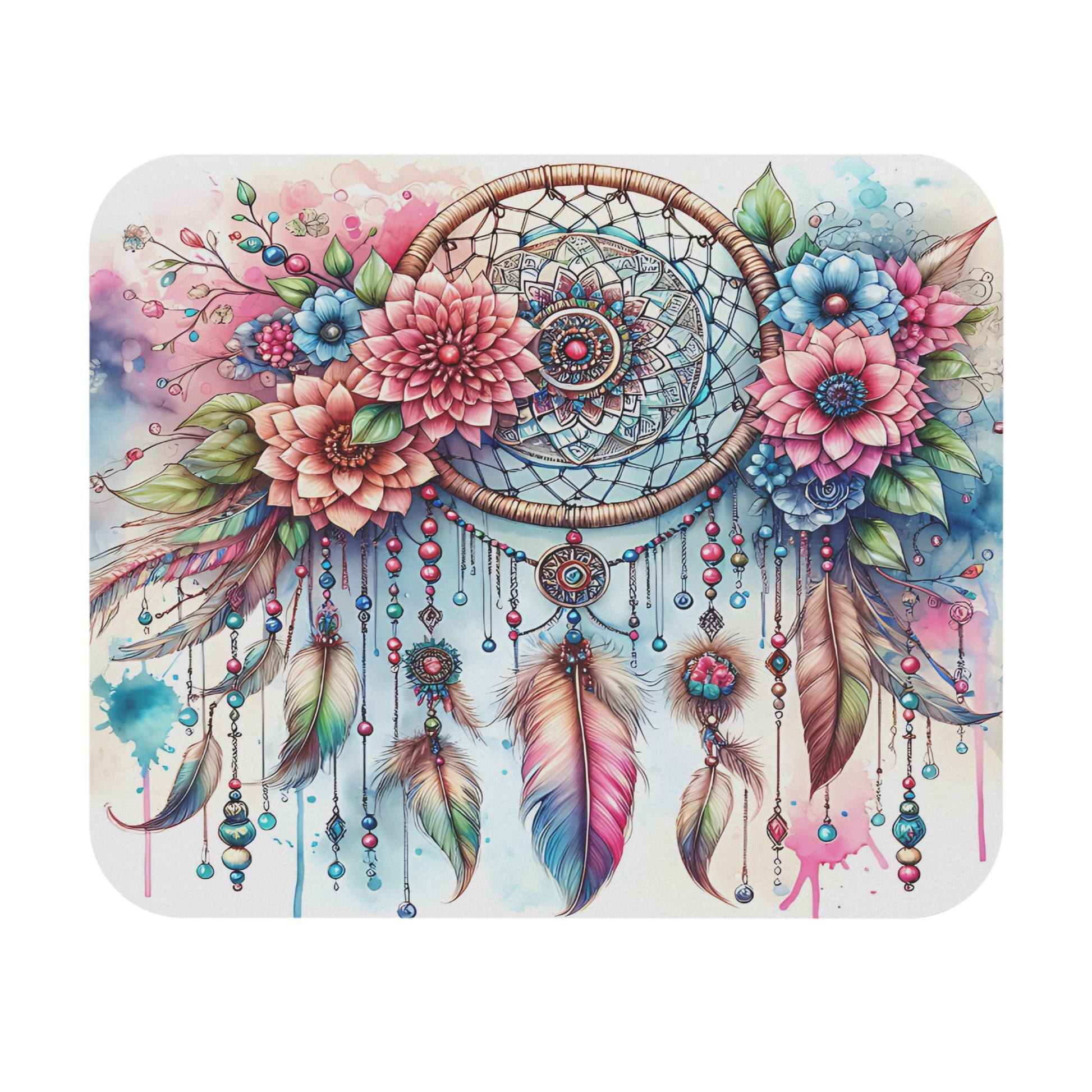 Dreamcatcher With Flowers Mouse Pad, Floral Mousepad, Desk Accessories, Boho Office Decor, Computer Mouse Mat - Victory Thru Vision 