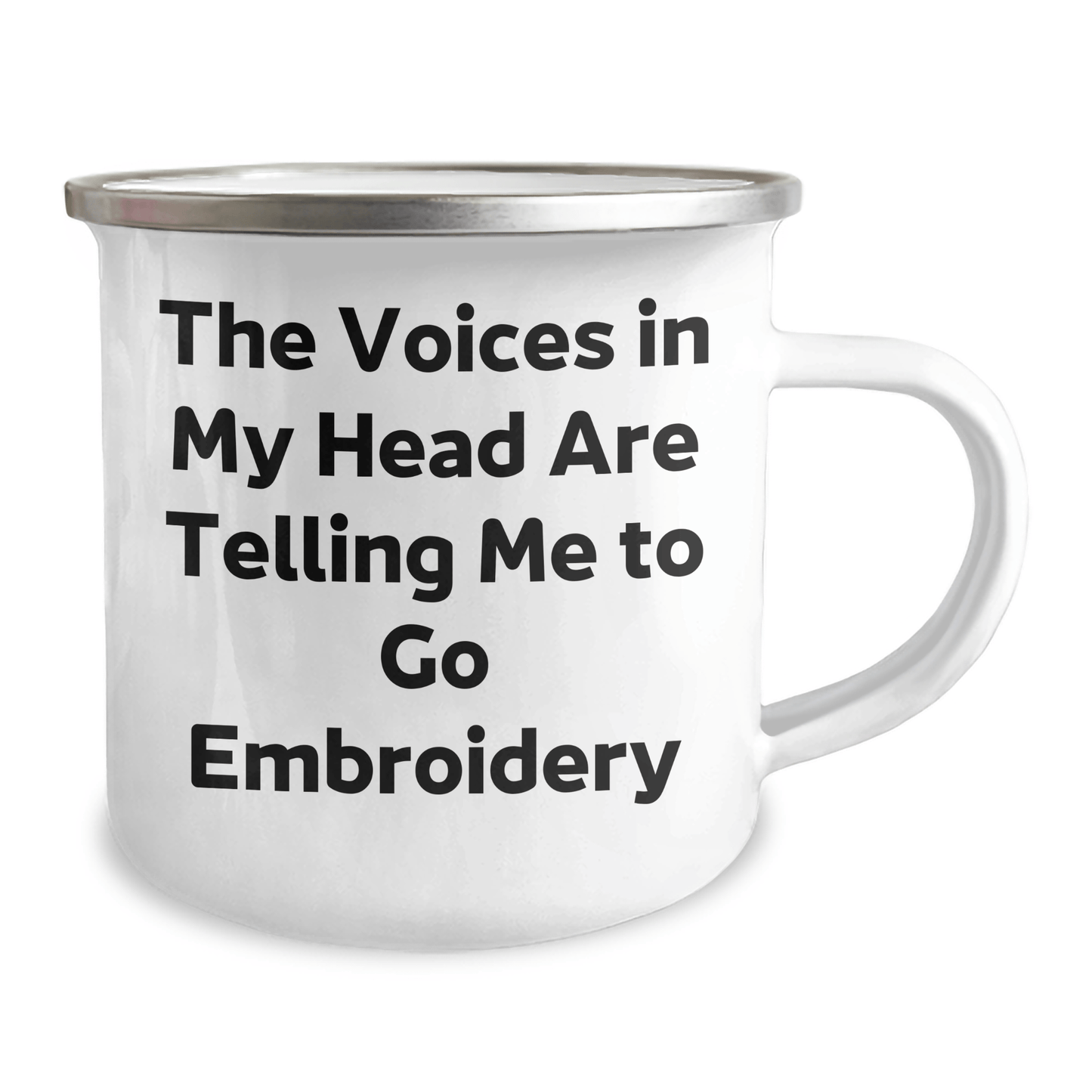 Embroidery Gifts from Friends for Graduates, Funny Unique Camping Mug with Voices in My Head Quote, 12 oz Stainless Steel with Enamel Finish - Victory Thru Vision