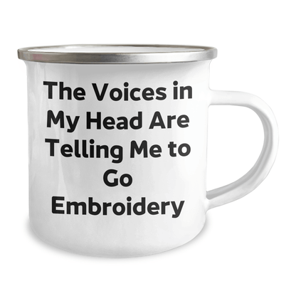 Embroidery Gifts from Friends for Graduates, Funny Unique Camping Mug with Voices in My Head Quote, 12 oz Stainless Steel with Enamel Finish - Victory Thru Vision