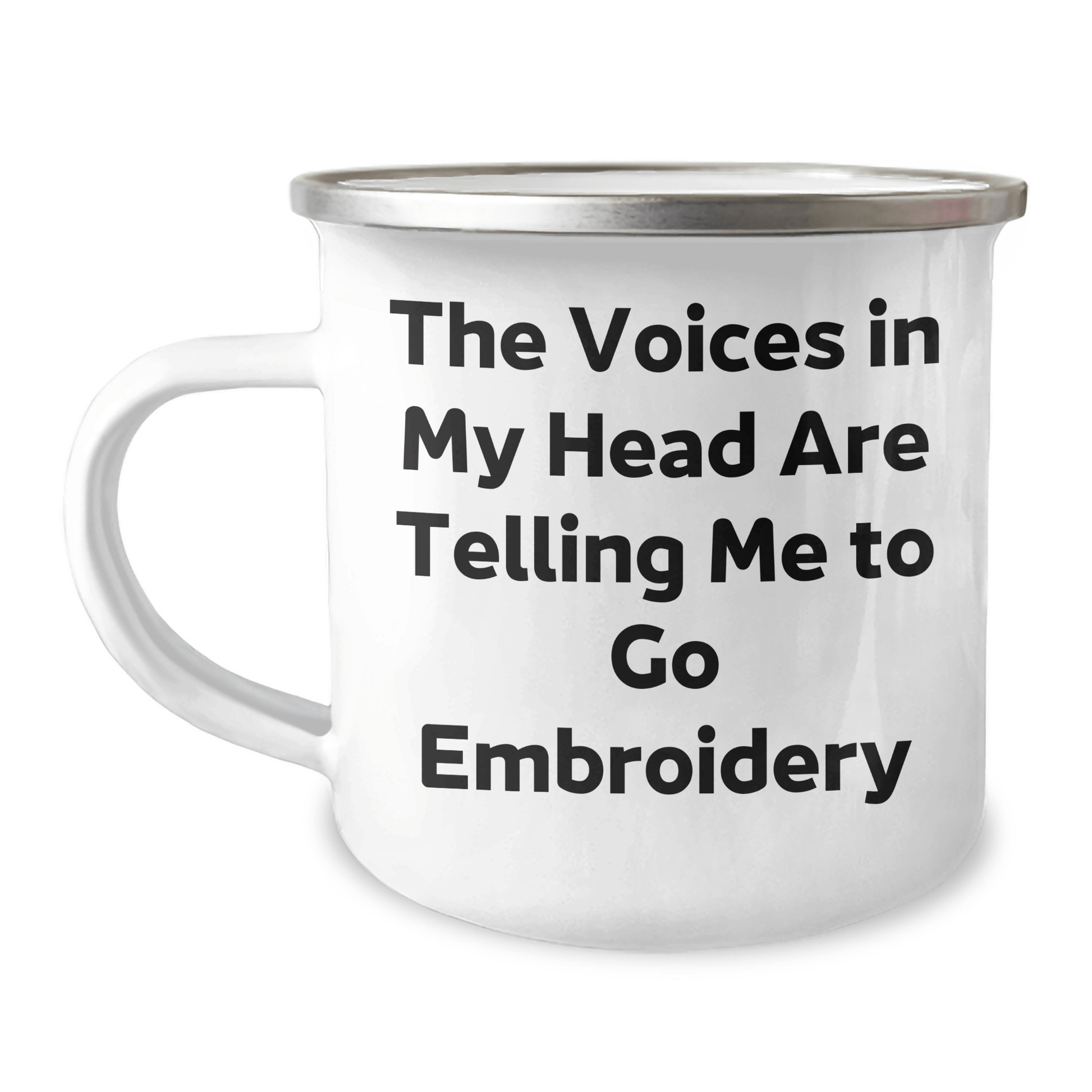 Embroidery Gifts from Friends for Graduates, Funny Unique Camping Mug with Voices in My Head Quote, 12 oz Stainless Steel with Enamel Finish - Victory Thru Vision