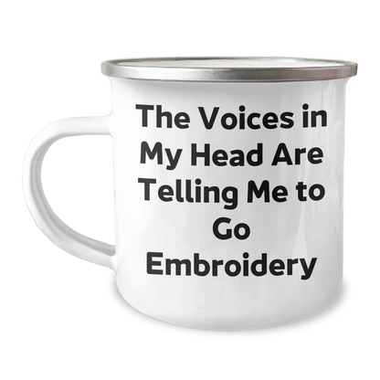 Embroidery Gifts from Friends for Graduates, Funny Unique Camping Mug with Voices in My Head Quote, 12 oz Stainless Steel with Enamel Finish - Victory Thru Vision
