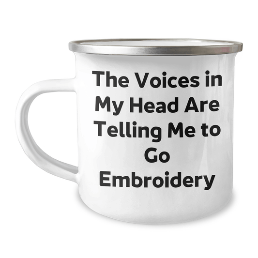 Embroidery Gifts from Friends for Graduates, Funny Unique Camping Mug with Voices in My Head Quote, 12 oz Stainless Steel with Enamel Finish - Victory Thru Vision