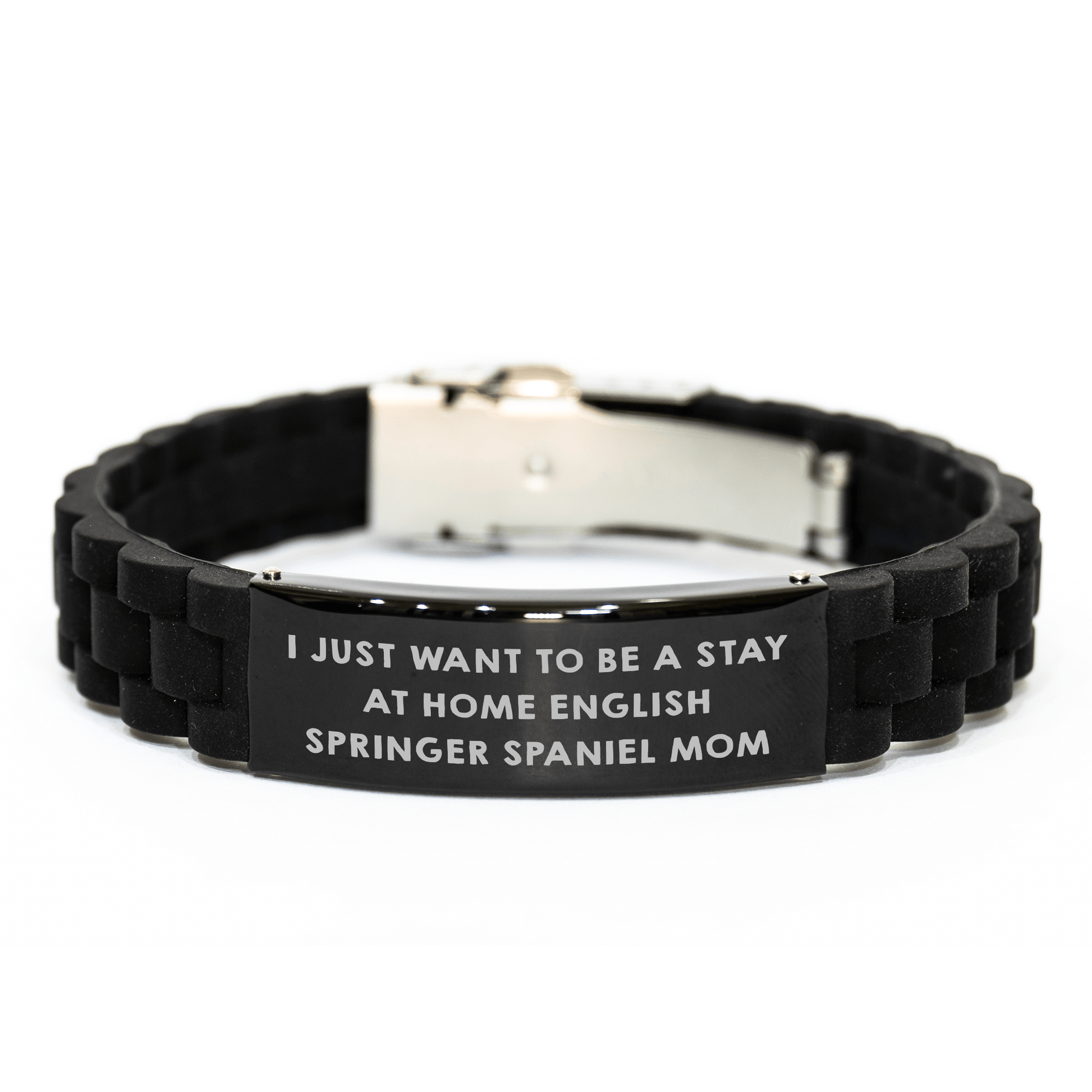 English Springer Spaniel Dog Mom's Funny Gift for Dad - Glide lock Clasp Black Stainless Steel Silicone Adjustable Bracelet, Gifts from Mom to English Springer Spaniel Dog Dad on Father's Day - Victory Thru Vision 