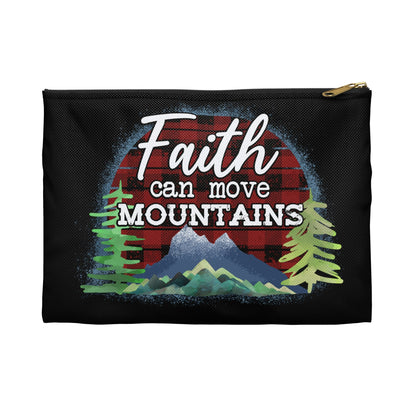 Faith Can Move Mountains Accessory Pouch, Makeup Bag, Zippered Pouch, Christian Gift, Inspirational Quote - Victory Thru Vision 