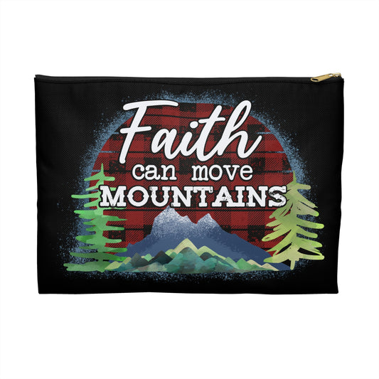 Faith Can Move Mountains Accessory Pouch, Makeup Bag, Zippered Pouch, Christian Gift, Inspirational Quote - Victory Thru Vision 