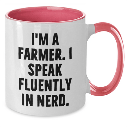 Farmer Humor Gifts from Friends and Family for Graduation Unique Mugs, 'I'm A Farmer. I Speak Fluently In genius.' Two Tone Coffee Mug, 11oz Capacity - Victory Thru Vision