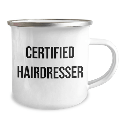 Father's Day Unique Gifts from Men to Hairdresser - Funny Quote Camping Mug, 12 oz Stainless Steel Enamel Finish, Perfect for Hairdresser Gifts, Hairdresser Apparel, Hairdresser Accessories - Victory Thru Vision 