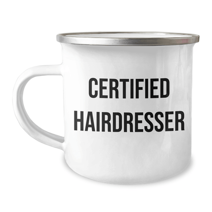 Father's Day Unique Gifts from Men to Hairdresser - Funny Quote Camping Mug, 12 oz Stainless Steel Enamel Finish, Perfect for Hairdresser Gifts, Hairdresser Apparel, Hairdresser Accessories - Victory Thru Vision 