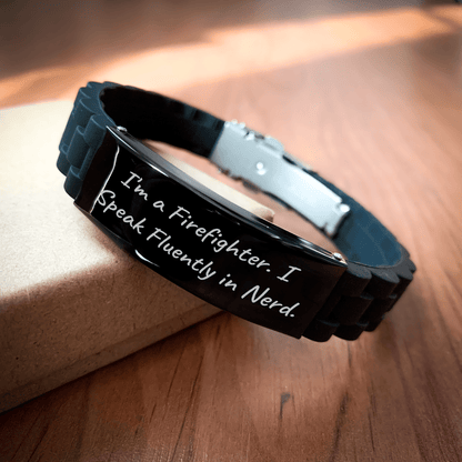 Firefighter Gifts from Friends, Funny Glide lock Clasp Bracelet for Graduation, 'I'm A Firefighter. I Speak Fluently In genius.' Quote, Adjustable Silicone and Stainless Steel - Victory Thru Vision