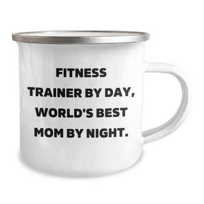 Fitness Trainer Gifts from Family - 'Fitness Trainer By Day, World's Best Mom By Night.' Camping Mug for Dad on Father's Day, Funny Humor, Unique Gift - Victory Thru Vision 
