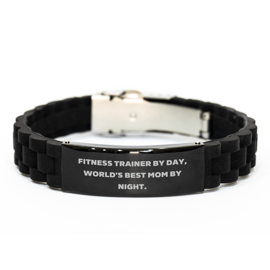 Fitness Trainer's Favorite Glide lock Clasp Black Stainless Steel Silicone Adjustable Gift for Him from Men, Perfect for Father's Day, Funny Quote 'Fitness Trainer By Day, World's Best Mom By Night.' - Victory Thru Vision 