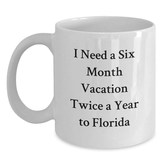 Florida White Coffee Mug I Need A Six Month Vacation Twice A Year To Florida Inspirational Graduation Gifts for Friends from Florida - Victory Thru Vision