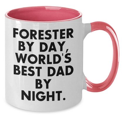 Forester Gifts from Men - Funny Two Tone Coffee Mug for Forester by Day, World's Best Dad by Night - Father's Day Unique Gifts - Victory Thru Vision 