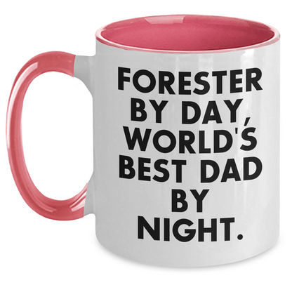 Forester Gifts from Men - Funny Two Tone Coffee Mug for Forester by Day, World's Best Dad by Night - Father's Day Unique Gifts - Victory Thru Vision 