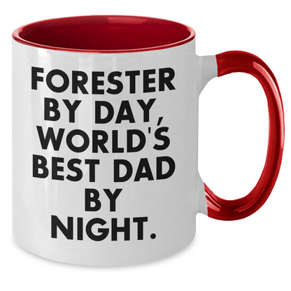 Forester Gifts from Men - Funny Two Tone Coffee Mug for Forester by Day, World's Best Dad by Night - Father's Day Unique Gifts - Victory Thru Vision 