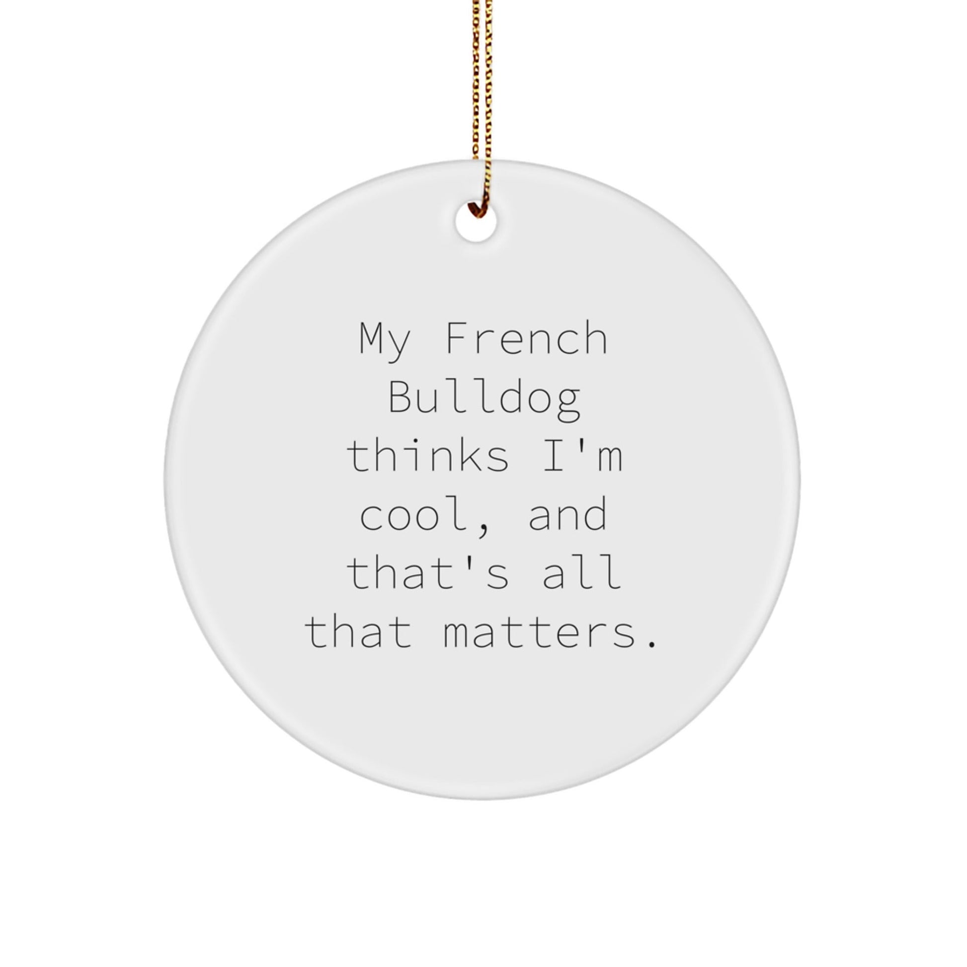 French Bulldog Lover Gifts from Friends, 'My French Bulldog Thinks I'm Cool' Circle Ornament, Unique Christmas Unique Gifts for Men, Women, Family - Victory Thru Vision