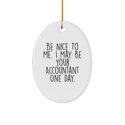 Funny Accountant Gifts from Friends, 'Be Nice To Me. I May Be Your Accountant One Day.' Oval Ornament for Christmas, Accountant Office Decor - Victory Thru Vision